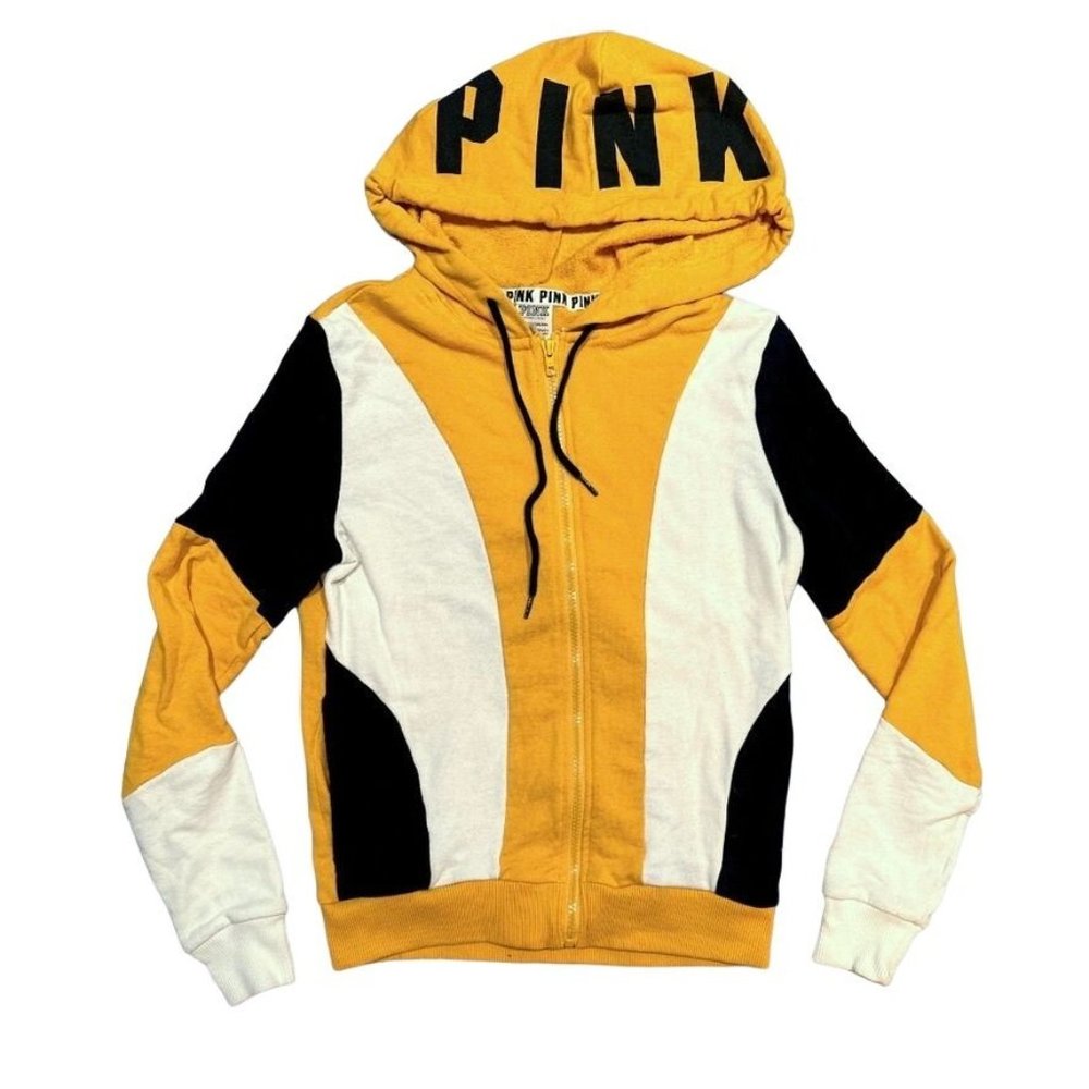 Victoria's Secret Pink Pullover Hoodie Sweatshirt Black Cotton XS Womens Yellow